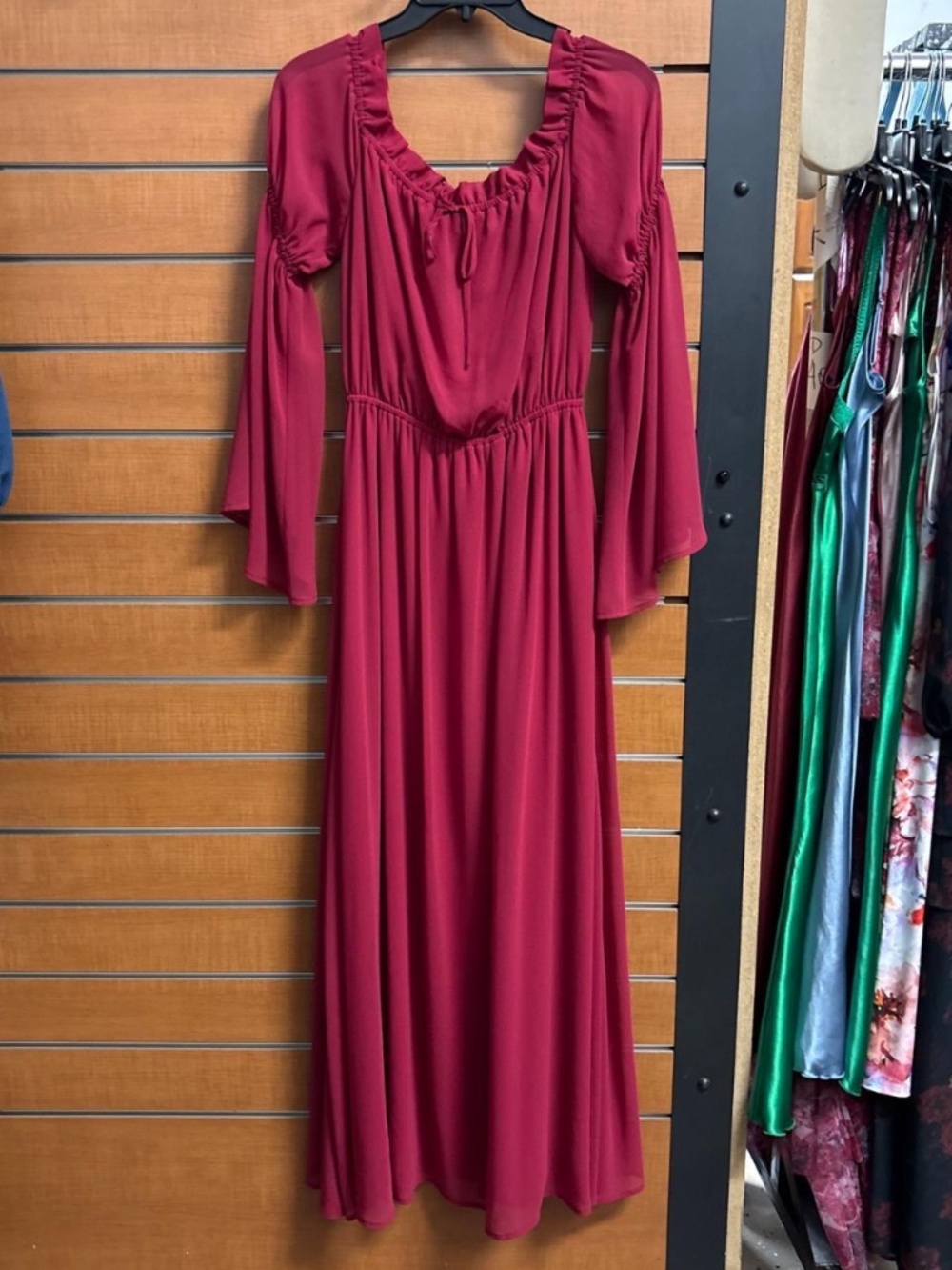 Bebe NWT Fuchsia Pink Bell Sleeve Ruched Maxi Dress